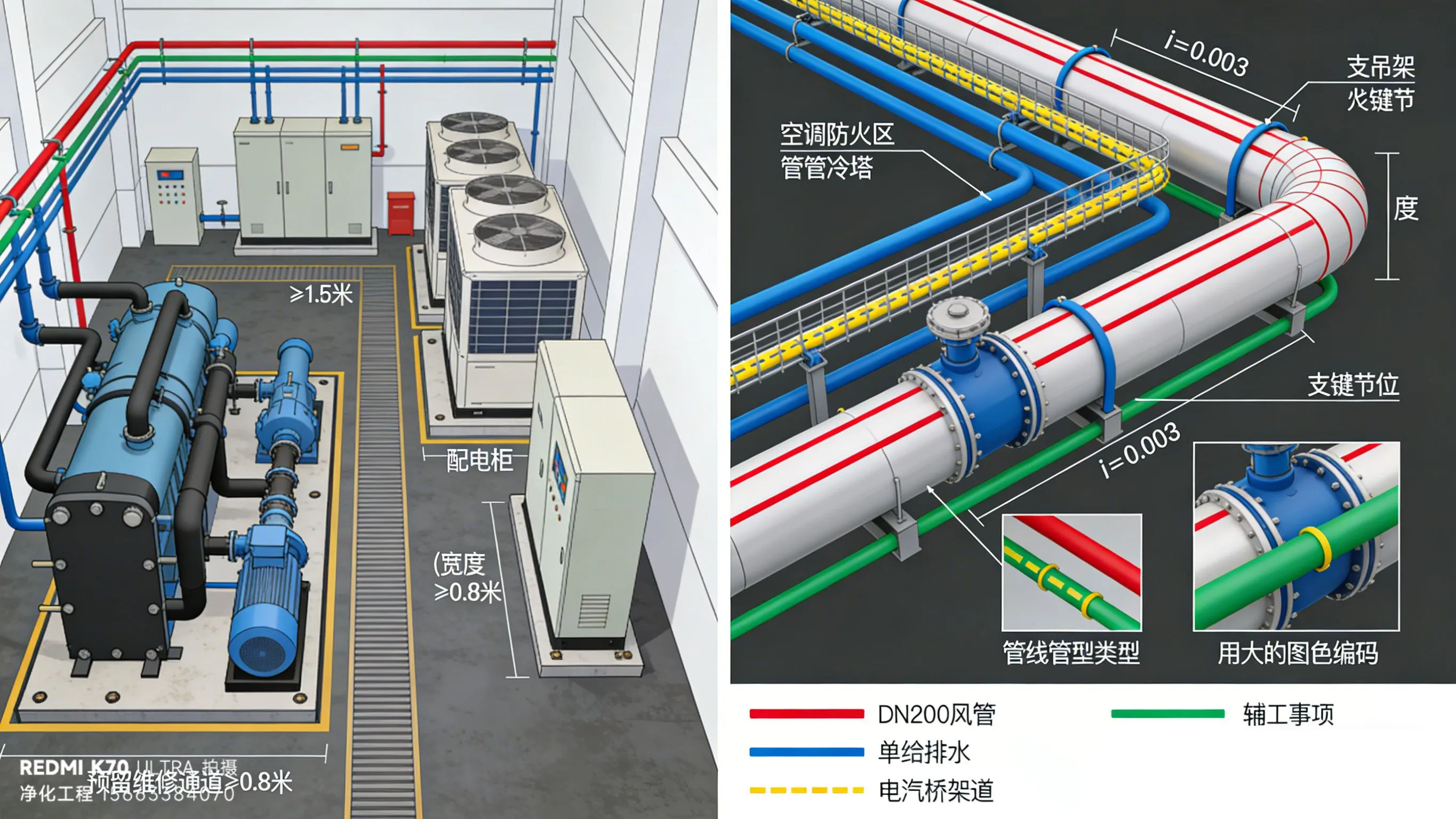 设施管线与设备间布置示意图，展示设备间与管线走向，便于施工与维护